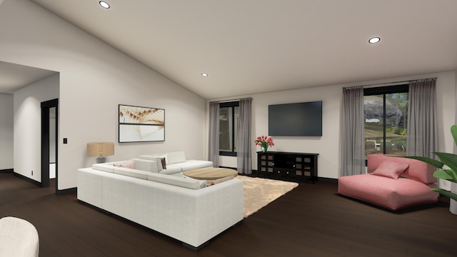 715 Palmer Ln, Chewelah, WA 99109 - living room featuring vaulted ceiling, dark wood-type flooring, recessed lighting, and baseboards
