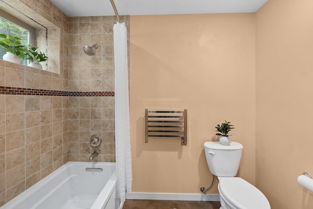 full bath with toilet, shower / bathtub combination with curtain, baseboards, and radiator