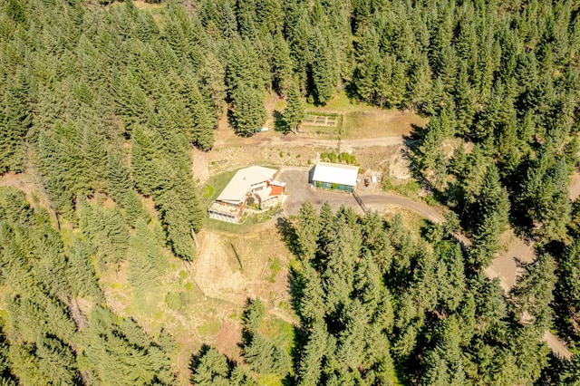 birds eye view of property featuring a forest view