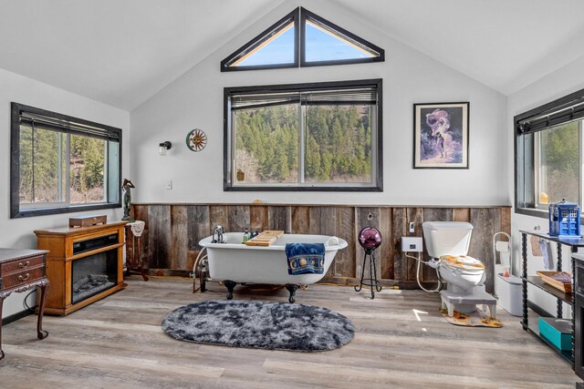 3063 Hungry Hill Rd, Kettle Falls, WA 99141 - living area featuring a wainscoted wall, vaulted ceiling, wood finished floors, plenty of natural light, and wood walls