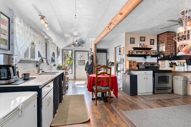 3063 Hungry Hill Rd, Kettle Falls, WA 99141 - kitchen with stainless steel electric stove, a sink, wood finished floors, lofted ceiling, and ceiling fan