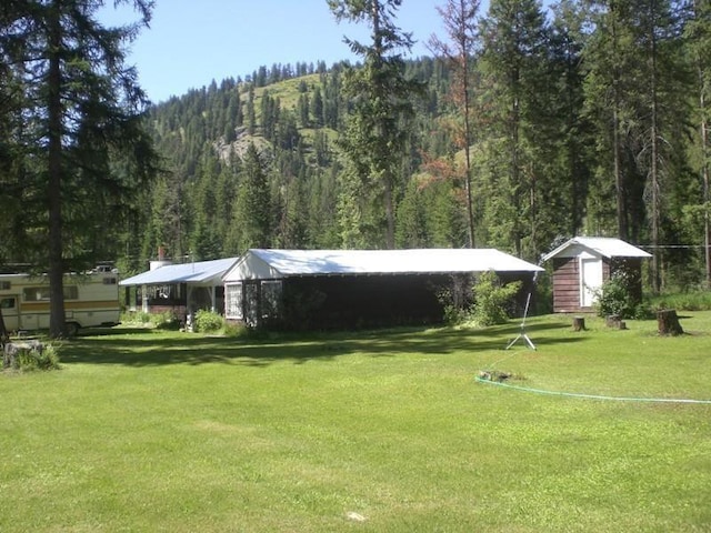 view of yard featuring a storage shed