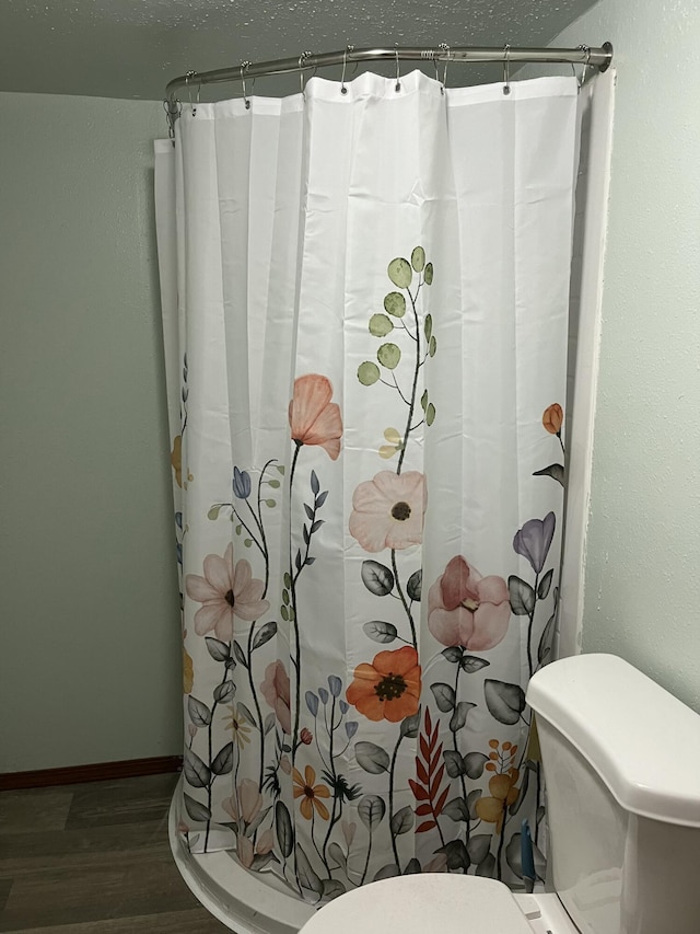 530 Kalmia St, Kettle Falls, WA 99141 - bathroom featuring wood-type flooring, curtained shower, and toilet