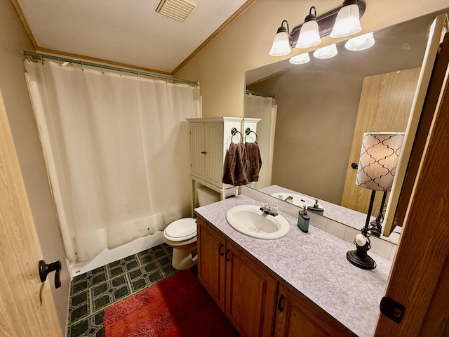 1874 Brooks Rd, Evans, WA 99126 - full bath with vanity, lofted ceiling, shower / bathtub combination with curtain, and crown molding