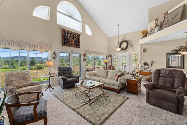 76 Kifer Rd, Kettle Falls, WA 99141 - carpeted living area with high vaulted ceiling and a mountain view