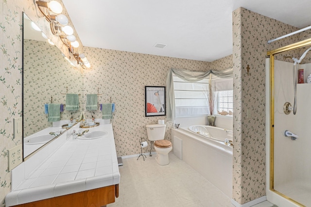76 Kifer Rd, Kettle Falls, WA 99141 - full bathroom featuring wallpapered walls, a stall shower, a bath, and vanity
