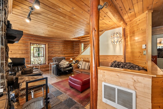 living area featuring rustic walls, visible vents, track lighting, and wood ceiling