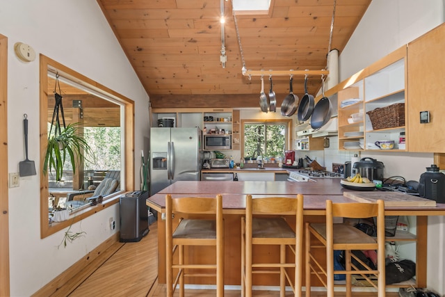 kitchen featuring open shelves, wooden ceiling, light wood-style flooring, vaulted ceiling, and stainless steel appliances
