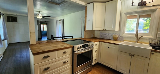 510 S Elm St, Colville, WA 99114 - kitchen with wooden counters, stainless steel range with electric stovetop, dark wood finished floors, a sink, and backsplash