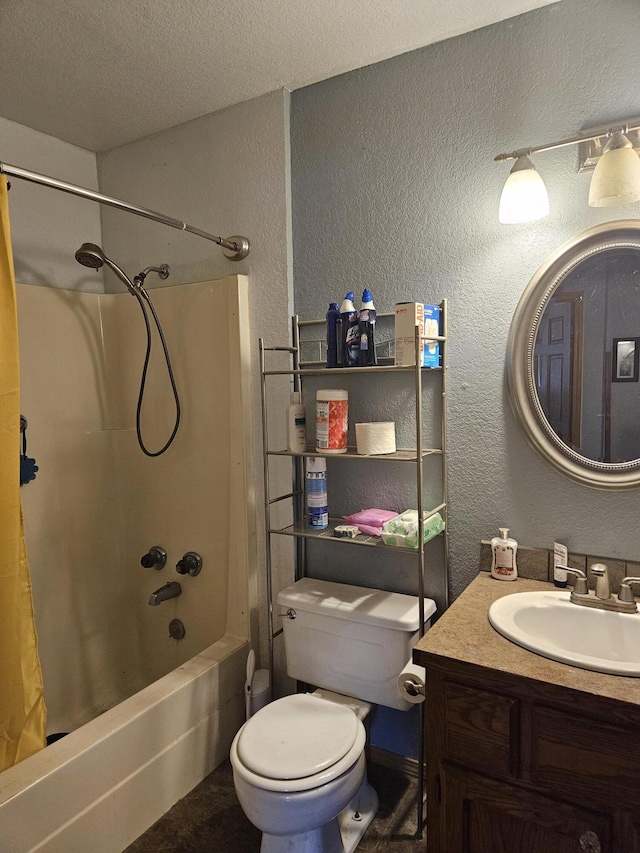 full bathroom with toilet, a textured ceiling, vanity, and shower / tub combo with curtain