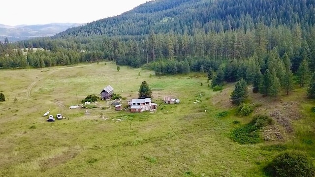 birds eye view of property featuring a mountain view and a rural view