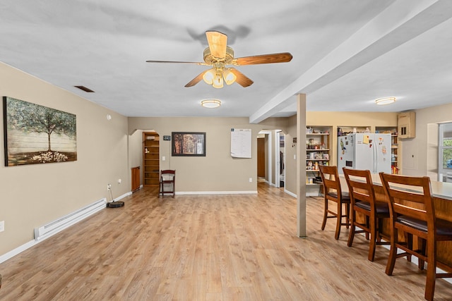 dining room featuring light wood-type flooring, beam ceiling, ceiling fan, and baseboard heating