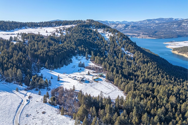 snowy aerial view featuring a water and mountain view