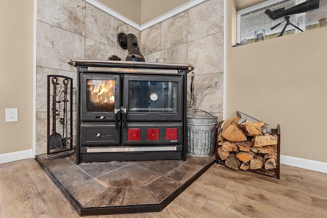 interior details with a wood stove and wood-type flooring