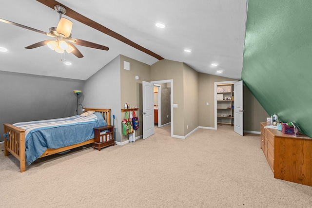 bedroom with ceiling fan, light colored carpet, and lofted ceiling