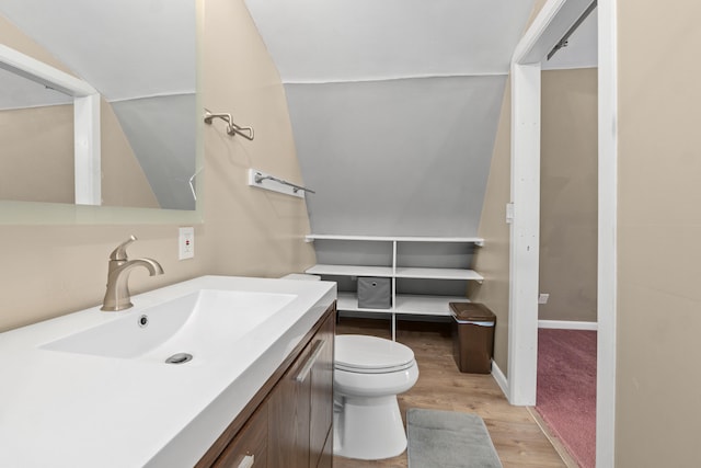 bathroom with toilet, vanity, and hardwood / wood-style floors