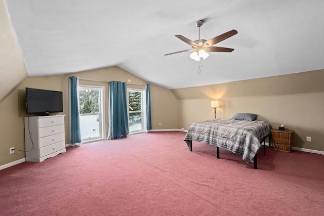 bedroom with carpet floors, vaulted ceiling, and ceiling fan