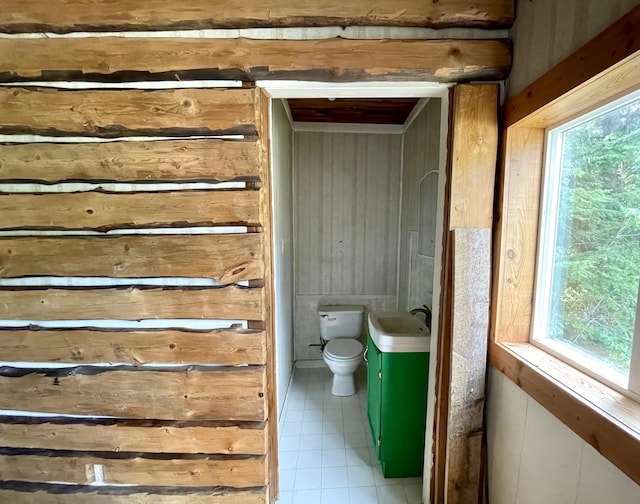bathroom with a healthy amount of sunlight, tile patterned flooring, a sink, toilet, and wooden walls