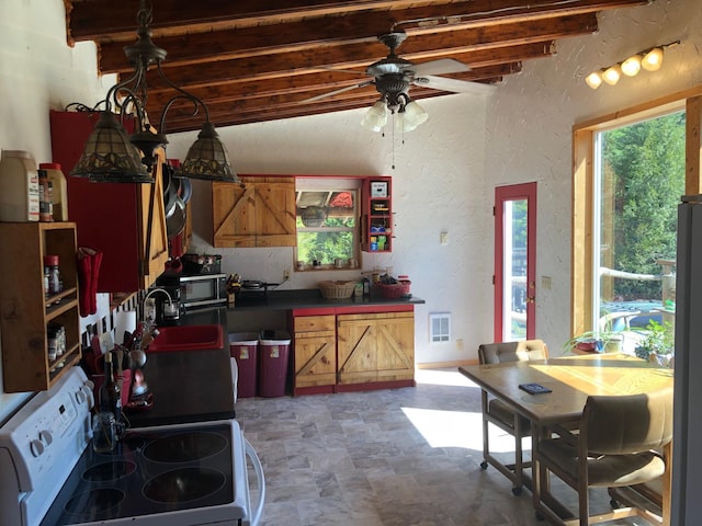 kitchen with a textured wall, beamed ceiling, ceiling fan, white range with electric stovetop, and a sink