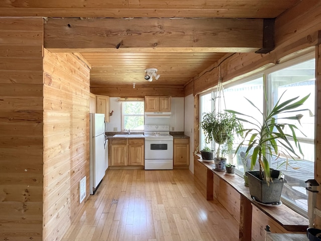 kitchen with wood ceiling, light brown cabinetry, a sink, light wood finished floors, and white appliances