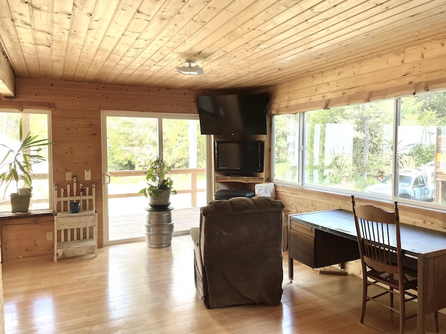 living area with plenty of natural light, wood walls, and wooden ceiling