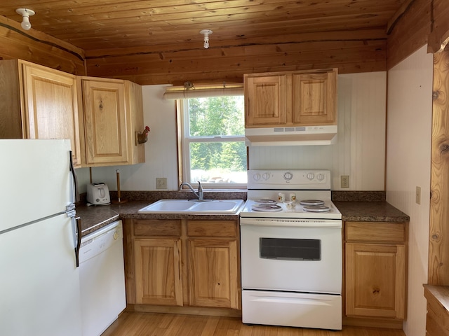 kitchen featuring under cabinet range hood, wood ceiling, a sink, and white appliances