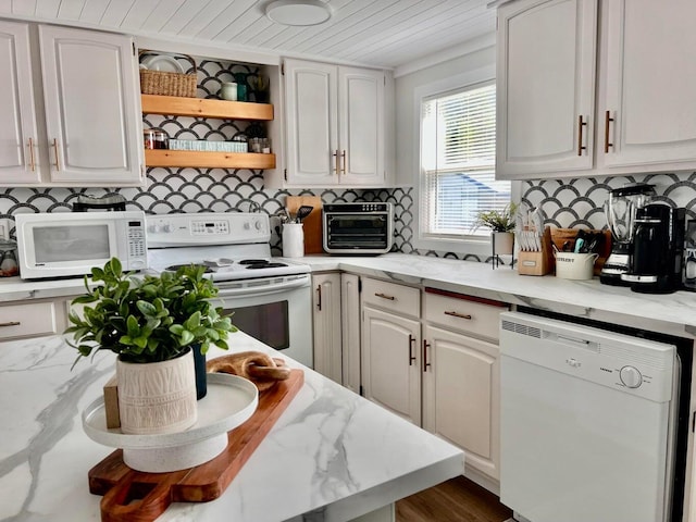 2851 Deep Lake Lopps Rd, Colville, WA 99114 - kitchen with white cabinetry, a toaster, and white appliances
