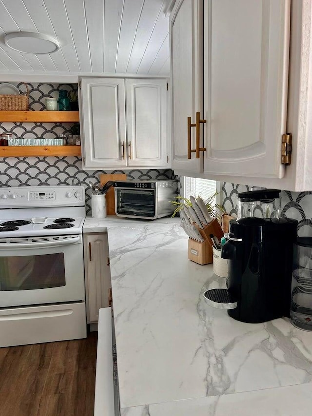 2851 Deep Lake Lopps Rd, Colville, WA 99114 - kitchen featuring tasteful backsplash, a toaster, open shelves, white cabinetry, and white electric range oven