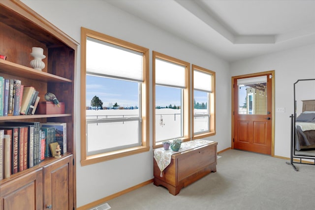 entryway featuring baseboards, light colored carpet, and visible vents