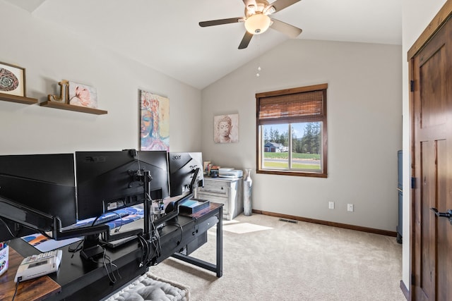 31914 N Zander Ln, Chattaroy, WA 99003 - office space featuring vaulted ceiling, a ceiling fan, light colored carpet, and baseboards