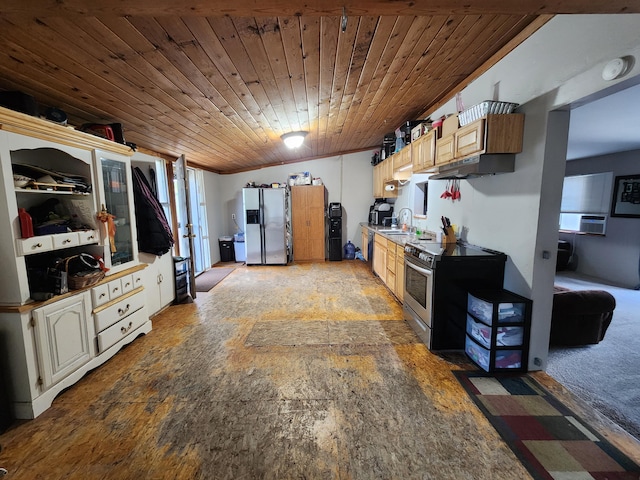 kitchen with wood ceiling, stainless steel appliances, and sink