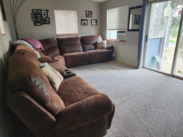 living room with light colored carpet and cooling unit