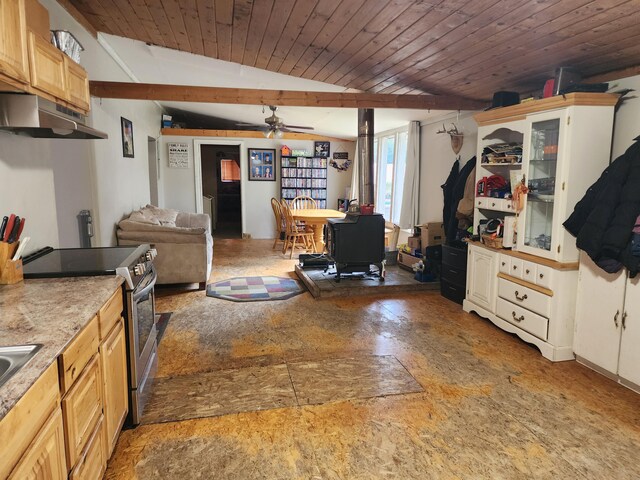 kitchen featuring wood ceiling, light brown cabinetry, lofted ceiling, and stainless steel range with electric cooktop