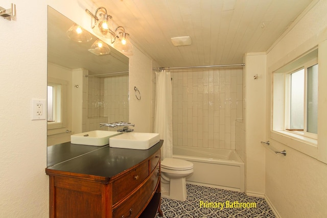 full bathroom featuring vanity, wooden ceiling, tile patterned floors, toilet, and shower / bath combo with shower curtain