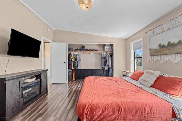 bedroom featuring wood finished floors, a closet, and vaulted ceiling