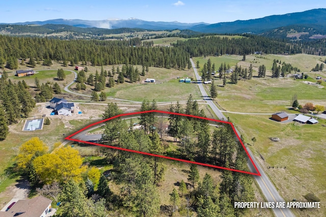 drone / aerial view featuring a mountain view, a rural view, and a forest view