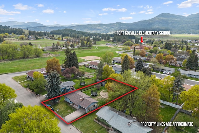 birds eye view of property featuring a mountain view