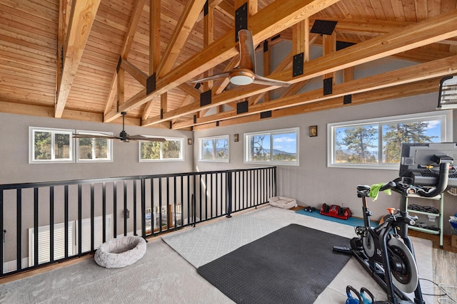 exercise area with ceiling fan, high vaulted ceiling, carpet floors, and wood ceiling