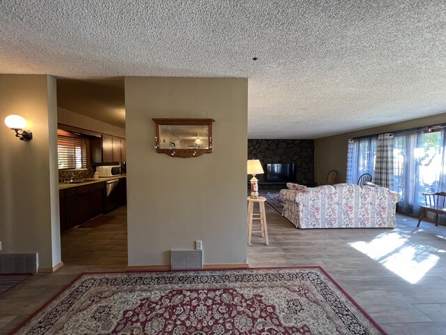 living room with sink, a textured ceiling, light wood-type flooring, and a fireplace