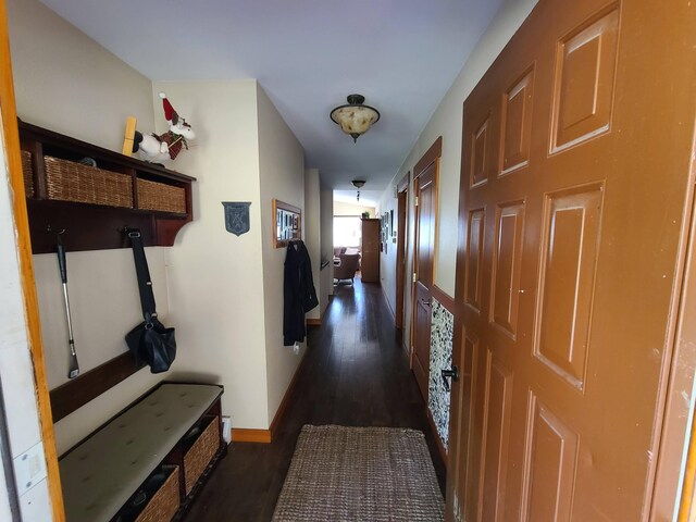 corridor with dark hardwood / wood-style flooring