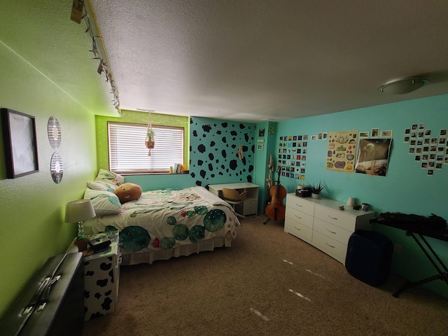 carpeted bedroom featuring a textured ceiling