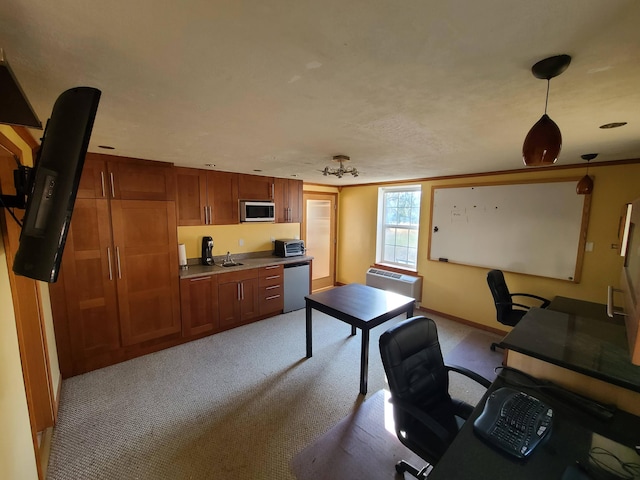 office area featuring sink and light colored carpet