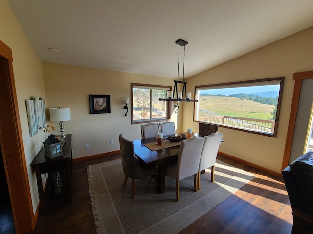 dining space with dark hardwood / wood-style flooring and lofted ceiling