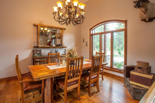 dining area with a healthy amount of sunlight, an inviting chandelier, and wood-type flooring