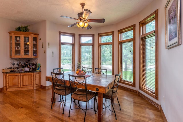 dining space featuring a textured ceiling, light hardwood / wood-style flooring, and ceiling fan