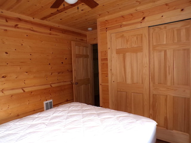 unfurnished bedroom with wooden ceiling, wooden walls, and visible vents