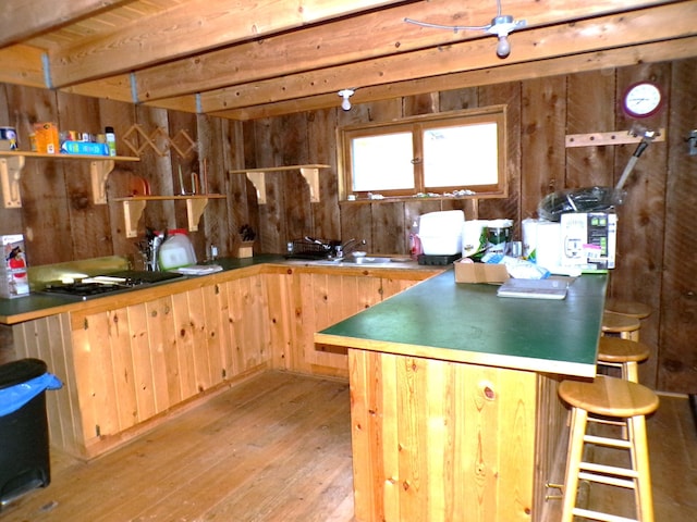 3121 Fifteen Mile Creek Rd, Kettle Falls, WA 99141 - kitchen featuring a sink, open shelves, light wood finished floors, and wooden walls