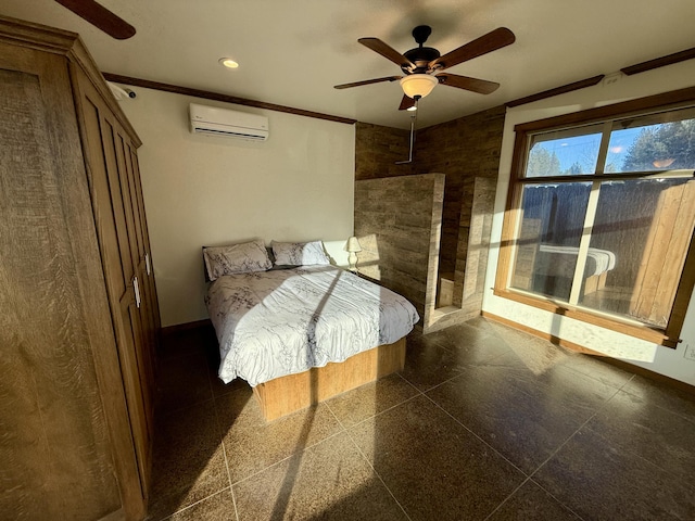 unfurnished bedroom with crown molding, an AC wall unit, and ceiling fan