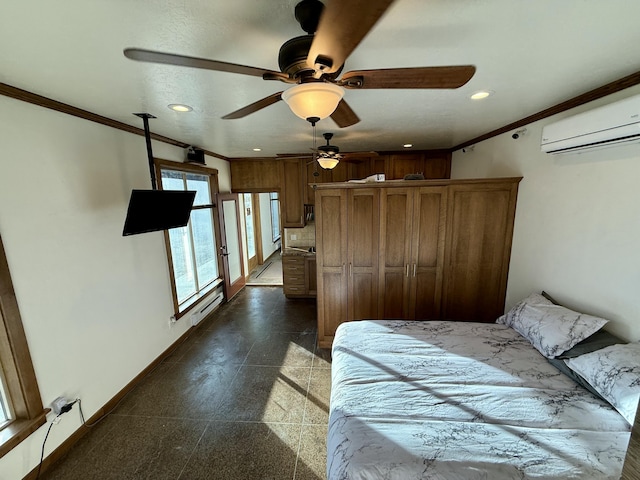 bedroom featuring crown molding, an AC wall unit, and ceiling fan