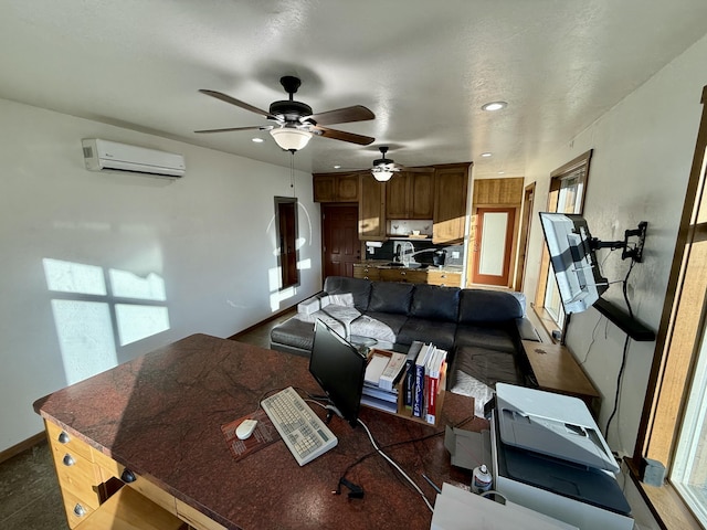 living room with a wall mounted AC and a textured ceiling